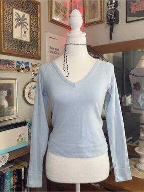 Y2K Light Blue V-Neck Women's Long Sleeve Top